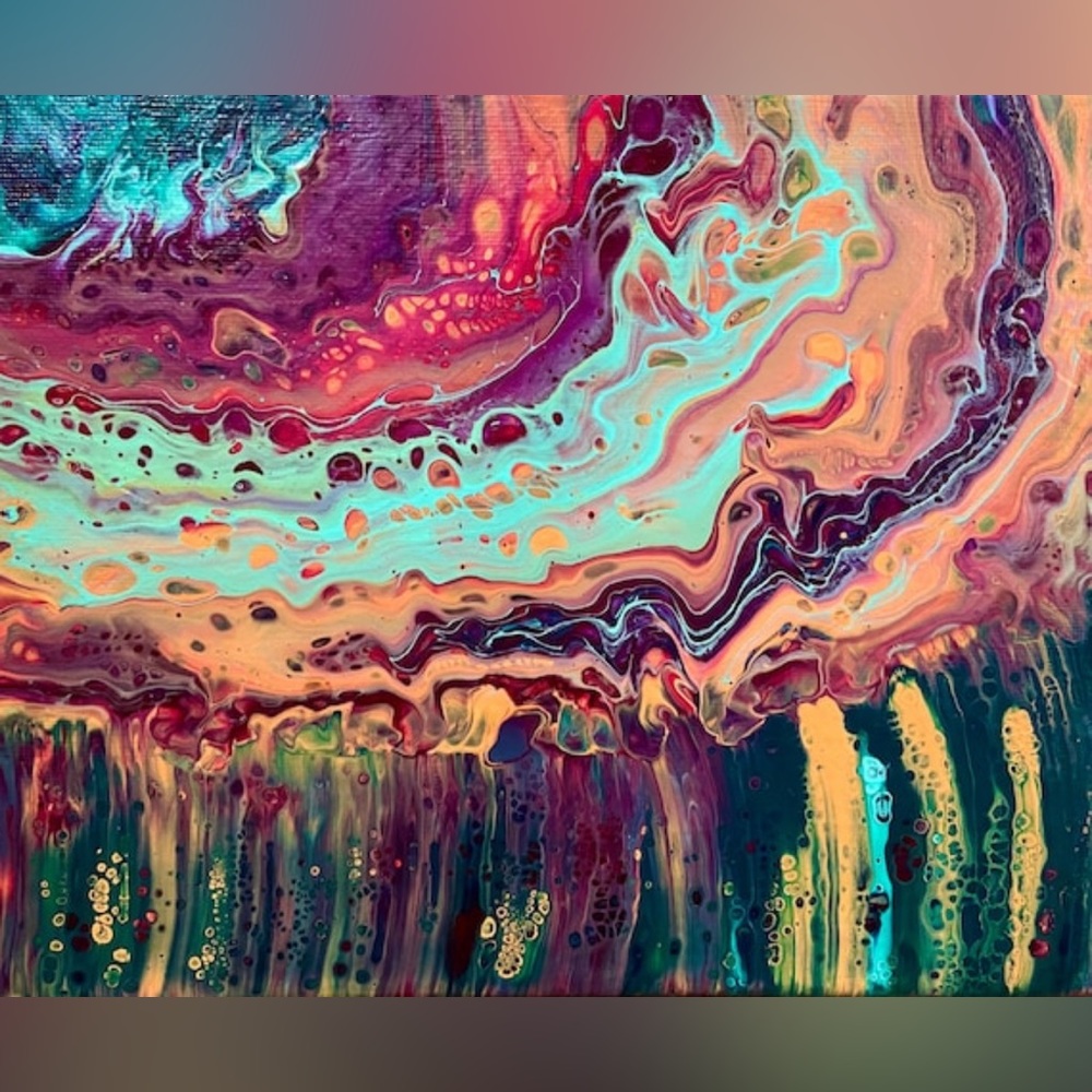 This is a 8x10 acrylic fluid pour painting on stretched canvas.